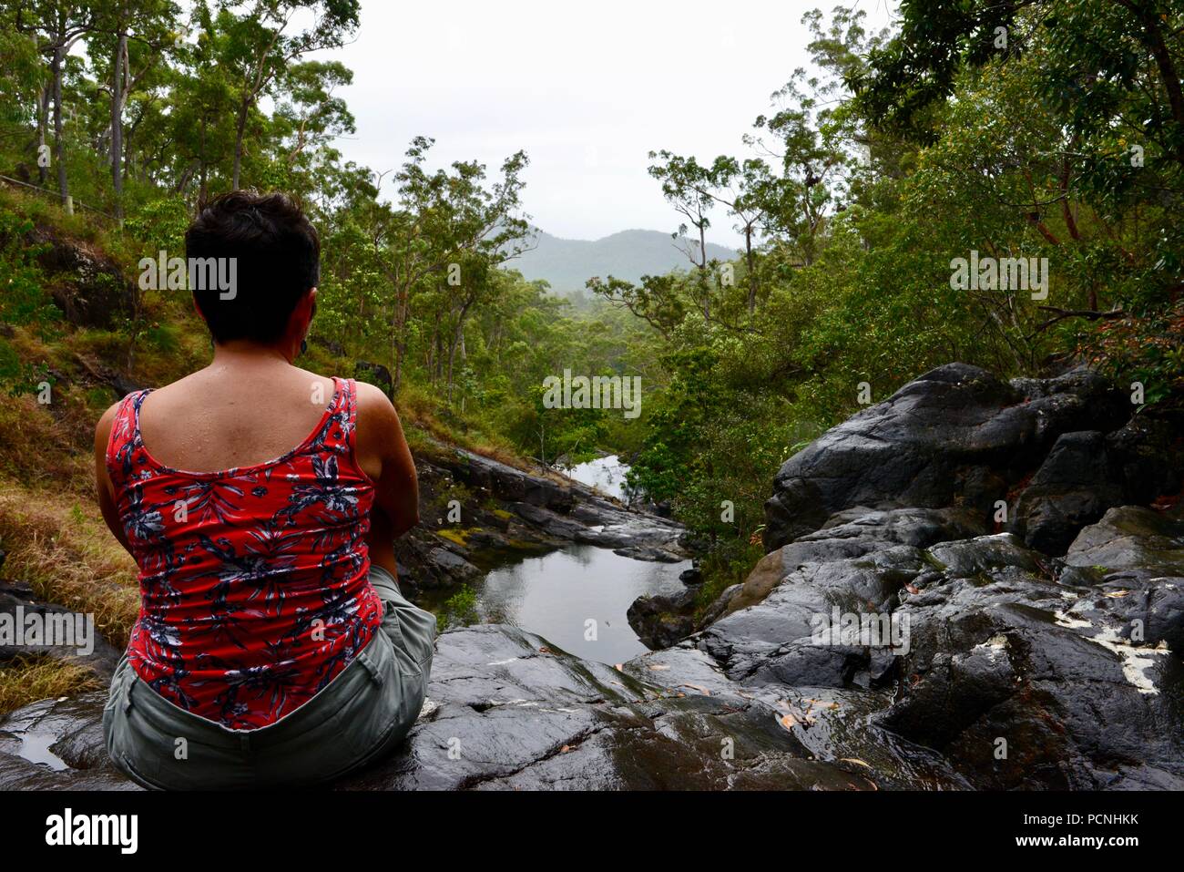 Una mujer sentarse y admirar las vistas al Creek Falls Attie Lookout, Cardwell, Queensland, Australia Foto de stock