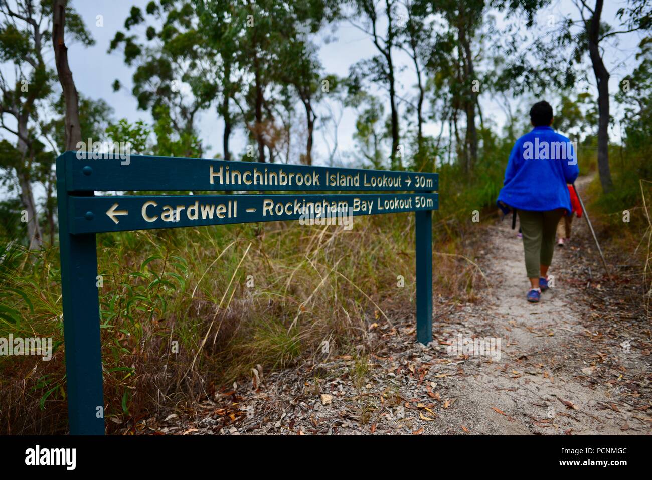 La madre camina con los niños a través de un bosque, Cardwell, Queensland, Australia Foto de stock