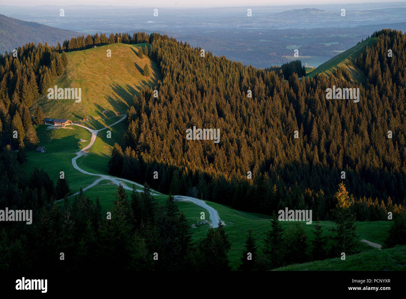 Rutas de senderismo en el Hörnle, Murnau, cerca de los Alpes Ammergau, Alta Baviera, Baviera, Alemania Foto de stock