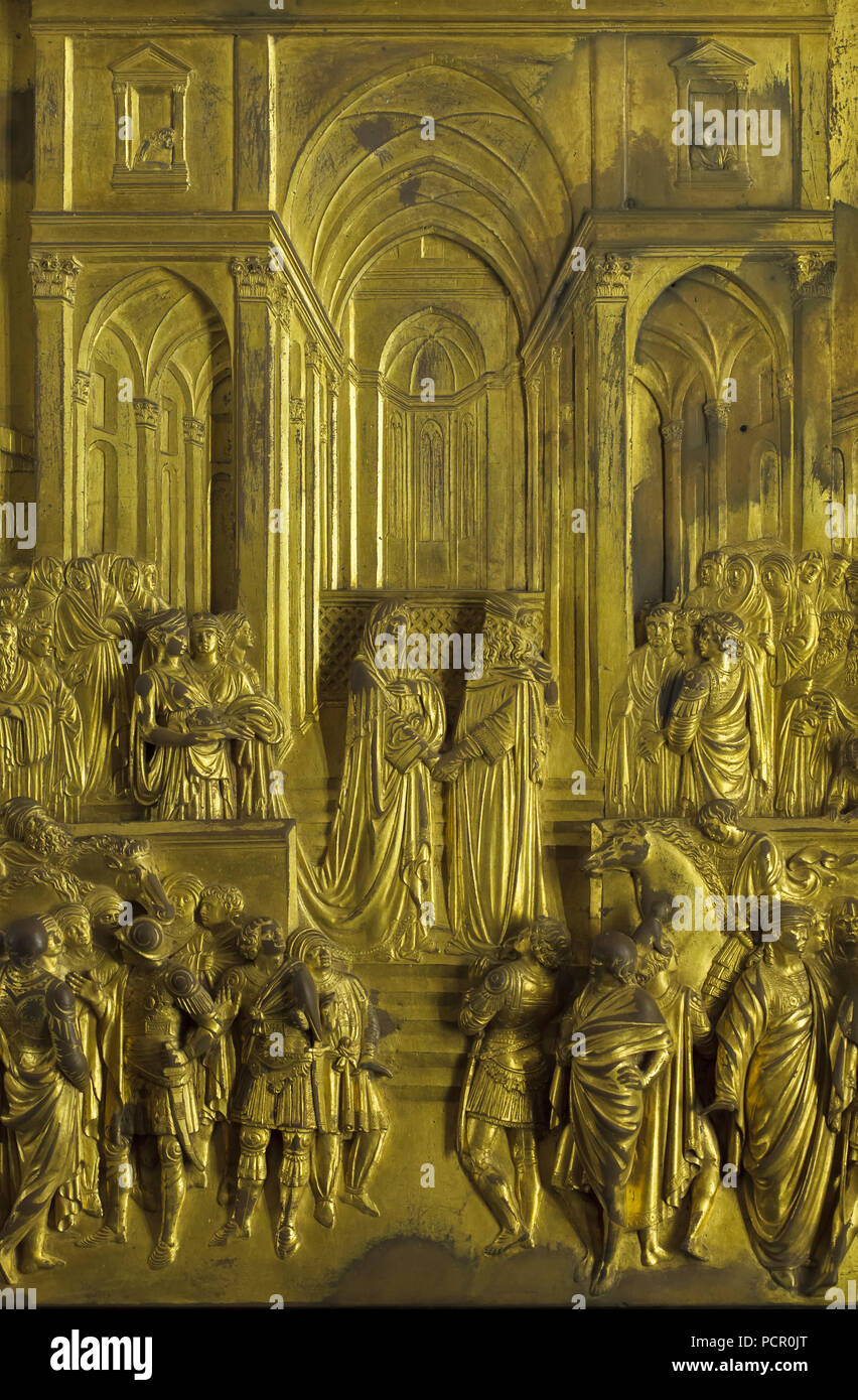 Historia del rey Salomón y la reina de Sabá representado en el panel de  bronce dorado desde las Puertas del Paraíso (Porta del Paradiso) de  principios del Renacimiento italiano diseñado por el