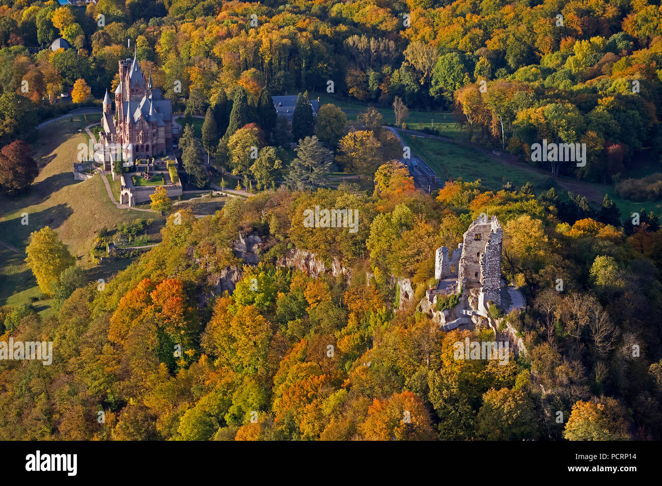 Vista aérea, otoño en el Rin, Drachenfels, castillo Drachenburg Siebengebirge, Königswinter, Renania, Renania del Norte-Westfalia, Alemania, Europa Foto de stock
