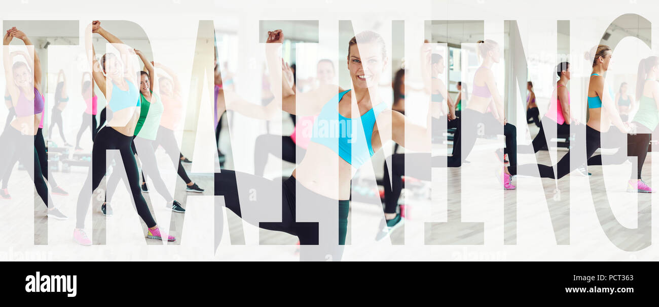 Collage de montar un grupo de mujeres jóvenes en ropa deportiva trabajando  juntos en una clase de gimnasia con una superposición de la formación en  Word Fotografía de stock - Alamy