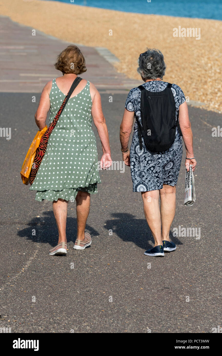 Dos o más antiguos de la edad media se jubiló señoras caminando juntos a lo  largo del paseo marítimo en Cowes en la isla de Wight hablando y  manteniendo cada otra compañía