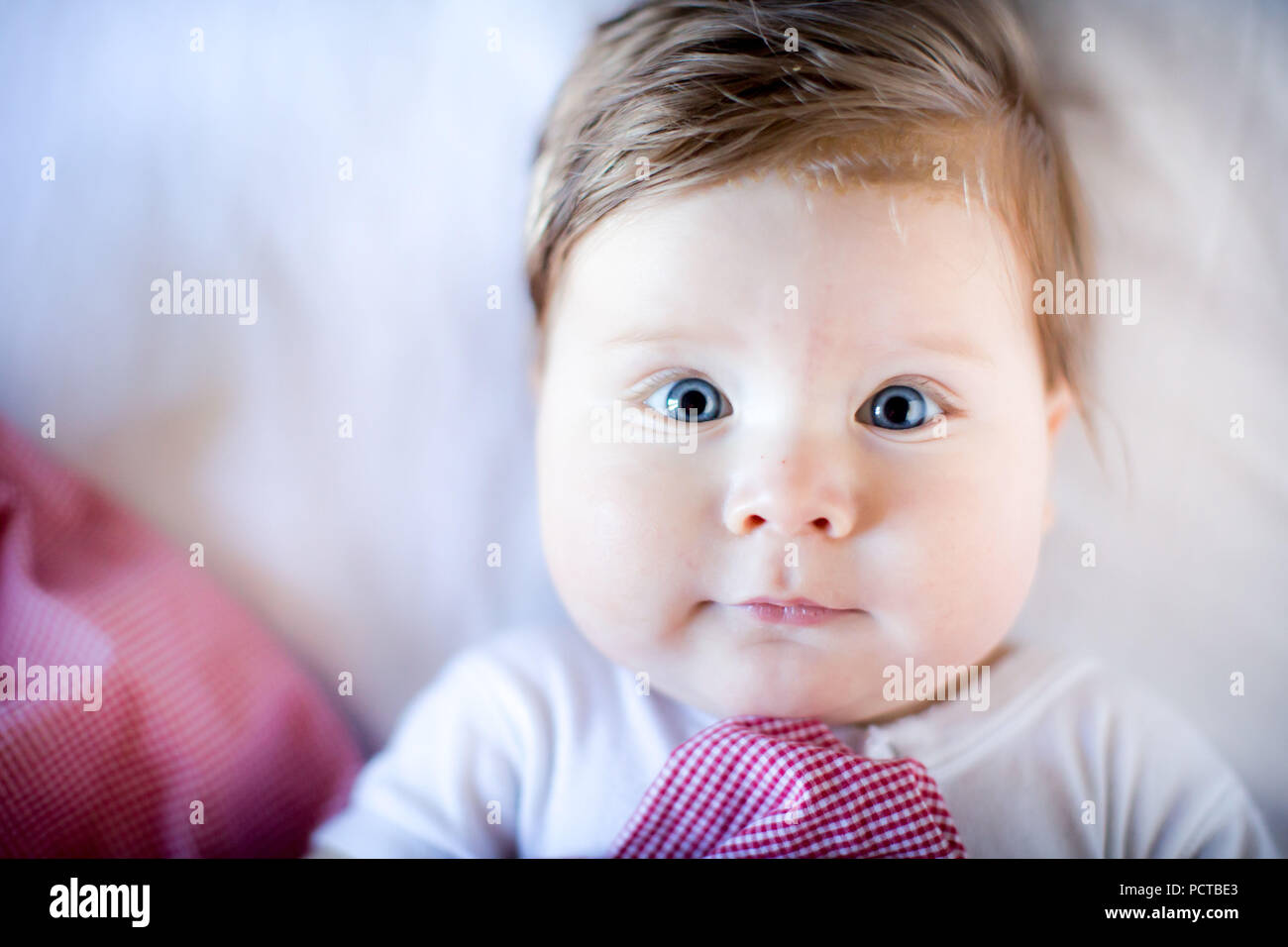 Bebé, niño, retrato, ojos azules, mirando amable a la cámara. Foto de stock