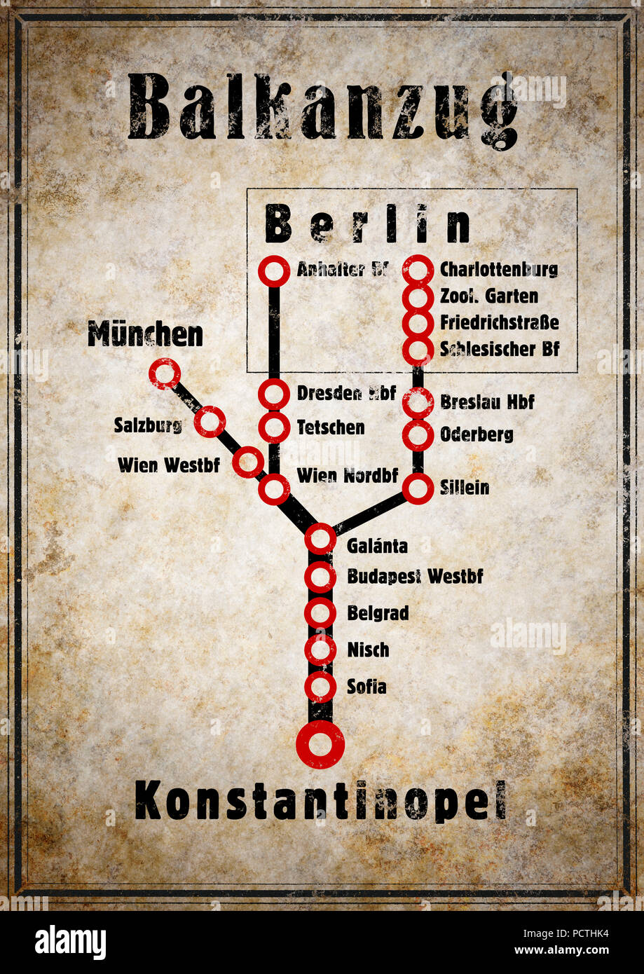 Tren de los Balcanes, horario de trenes, Berlin - Constantinopla, gráfico RailArt Foto de stock