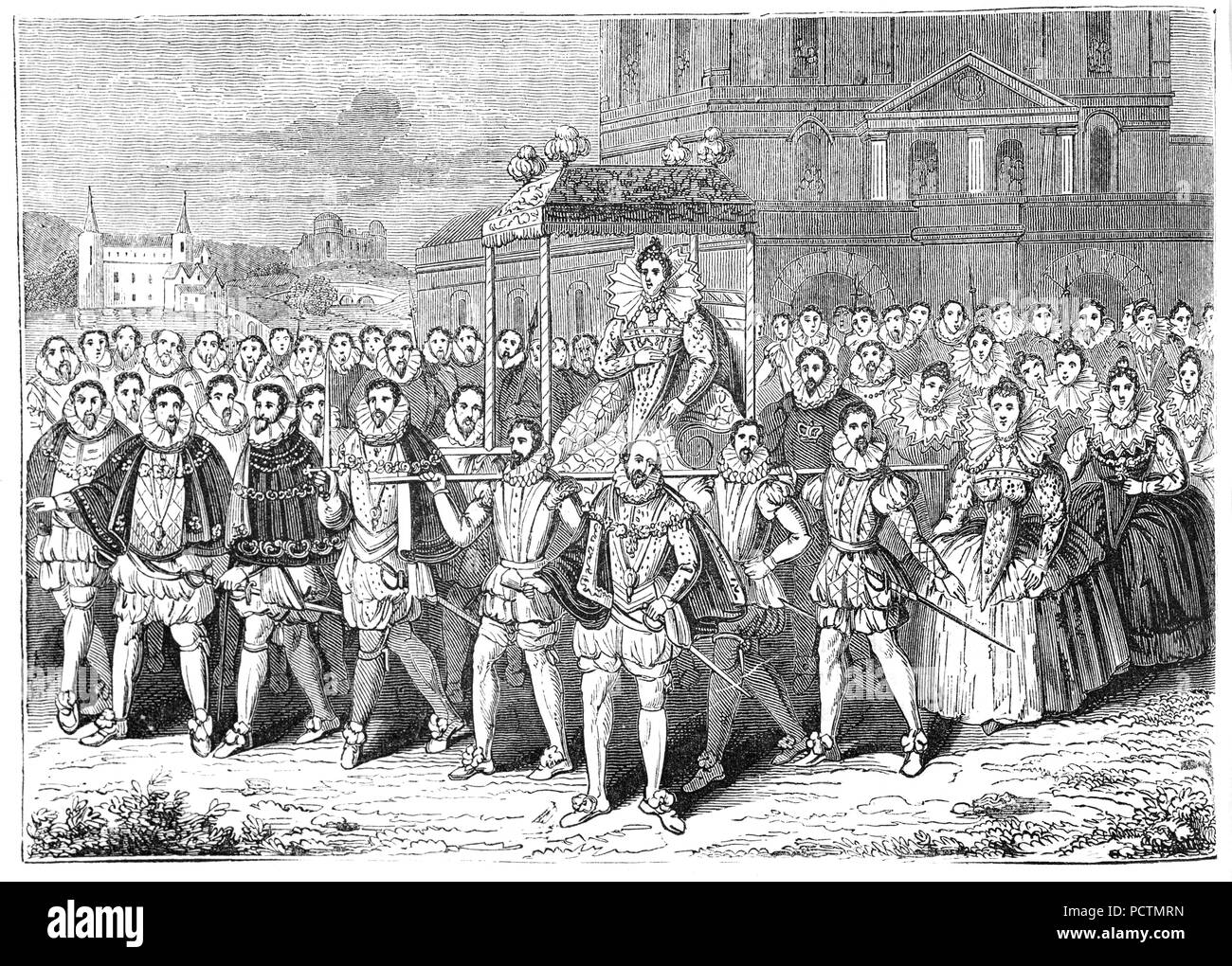 Isabel I (1533-1603), Reina de Inglaterra e Irlanda desde el 17 de noviembre de 1558, hasta su muerte el 24 de marzo de 1603. A veces se denomina la reina virgen, Gloriana o Buena Reina Bess, Elizabeth fue el último monarca de la casa de Tudor. Rodeado por su corte, donde la Reina pasó a ser, se compone de todos aquellos que rodeaban a la Reina de sirvientes a los cortesanos. Una vez al año, la Reina iría en un progreso hacia el sur de los condados, pero la mayor parte del tiempo vivió en una de sus grandes palacios reales. Foto de stock