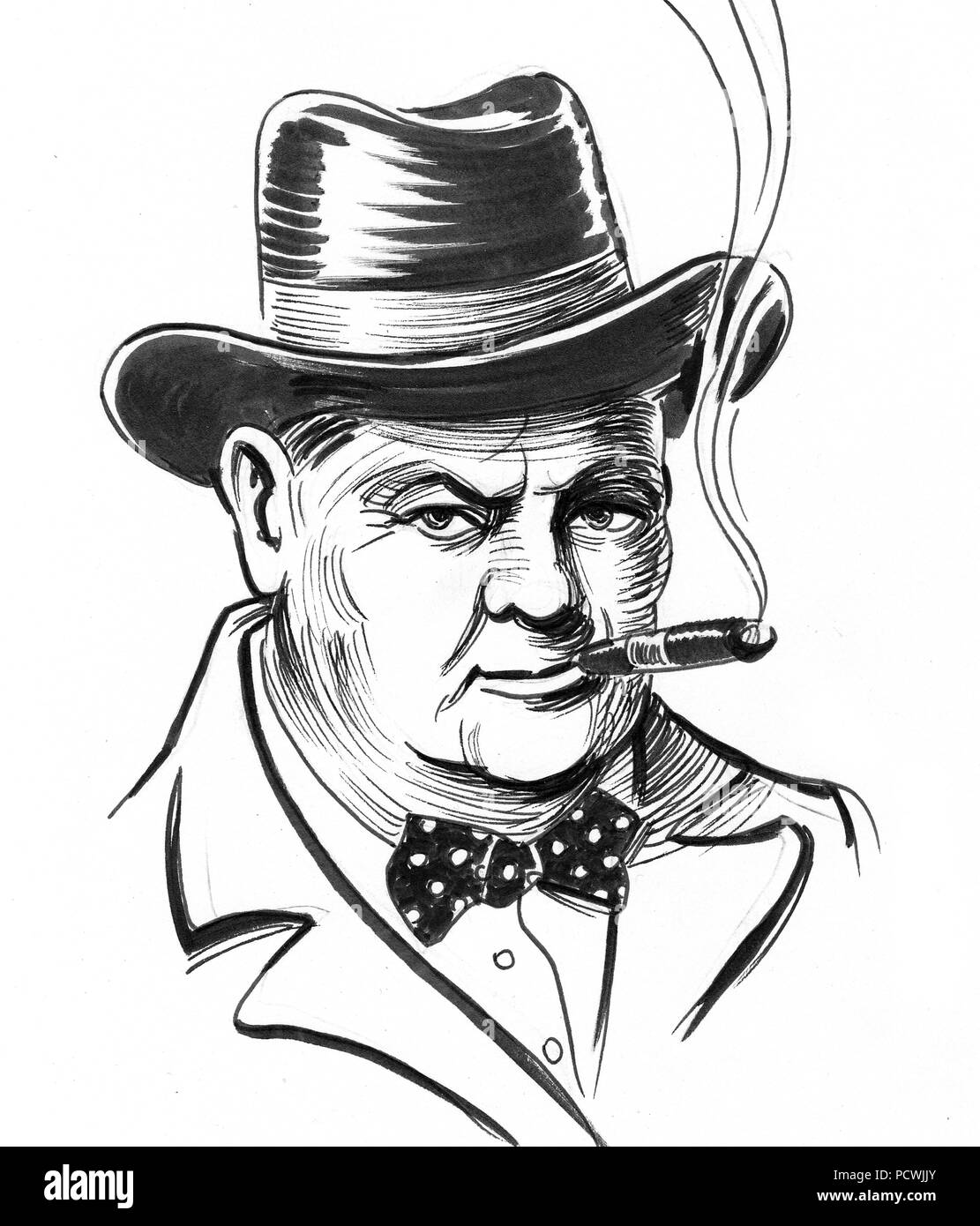 Sir Winston Churchill. El primer ministro británico. Ilustración en blanco y negro de tinta Foto de stock