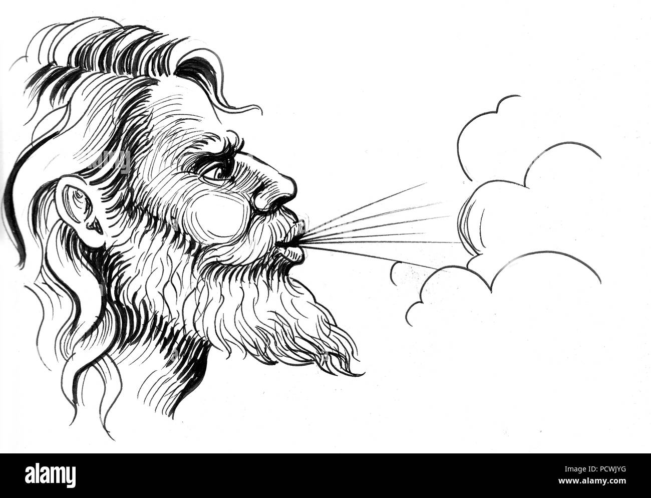 El dios del viento. Dibujo en blanco y negro de tinta Fotografía de stock -  Alamy