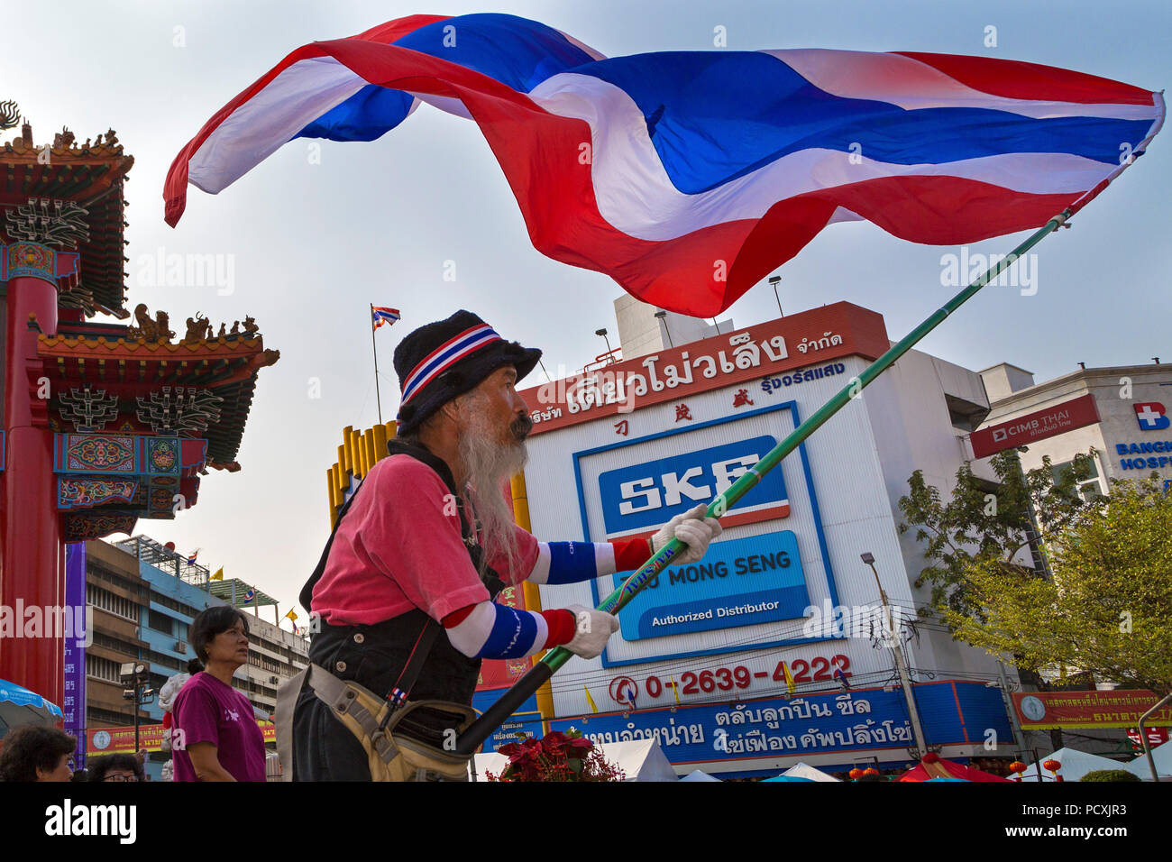Manifestación política en Chinatown, Yaowarat, Bangkok, Tailandia Foto de stock