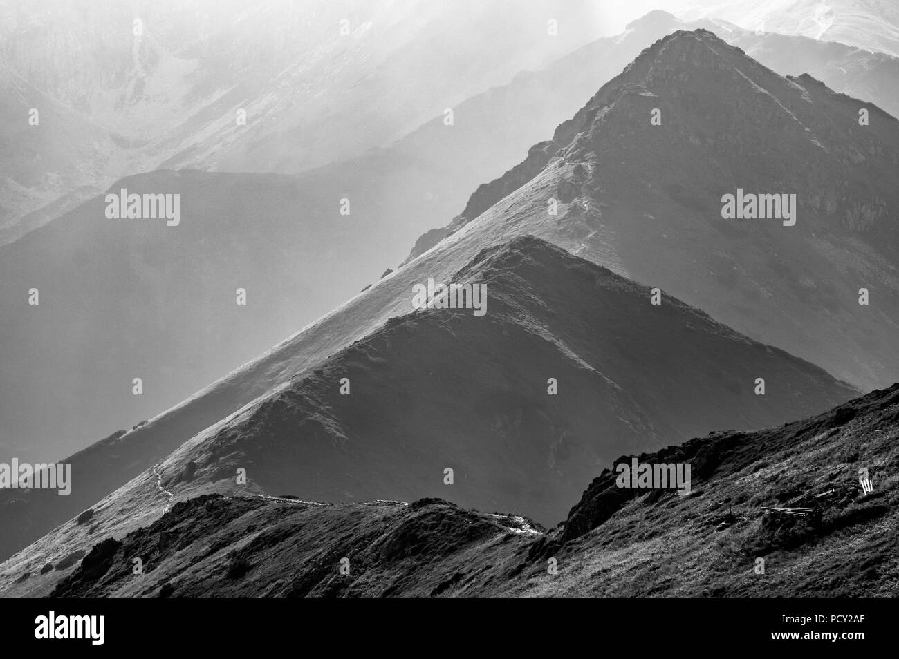 Blanco y negro escénica mountain view con haze en día de verano en el Parque Nacional Tatra, Polonia Foto de stock