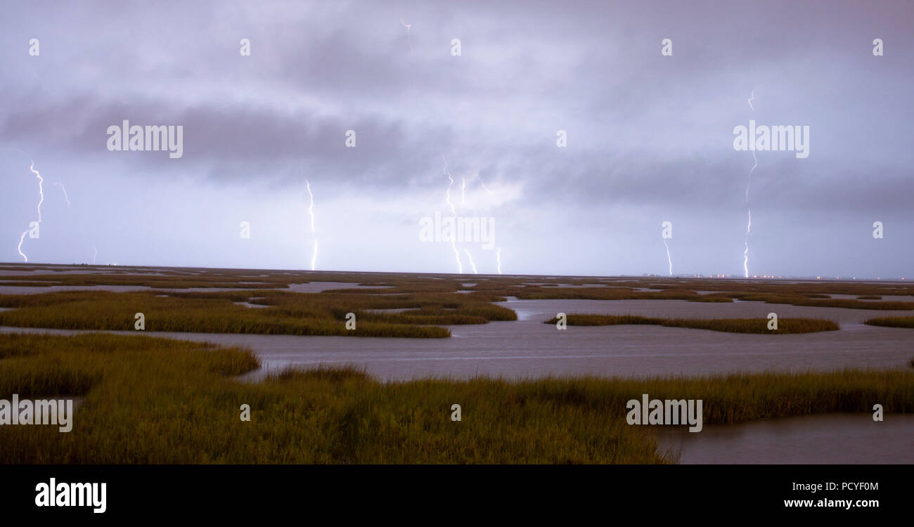 Se aproxime una tormenta eléctrica desde Galveston Texas con Gulf Coast marsh en primer plano Foto de stock