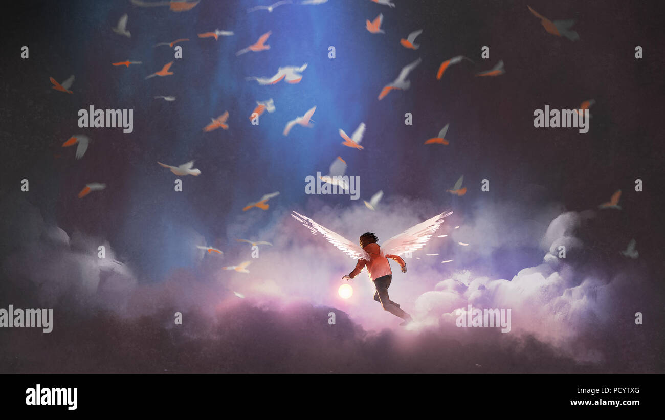 Niño con alas de ángel sosteniendo una bola brillante ejecutando a través del grupo de aves, arte digital, Ilustración estilo de pintura Foto de stock