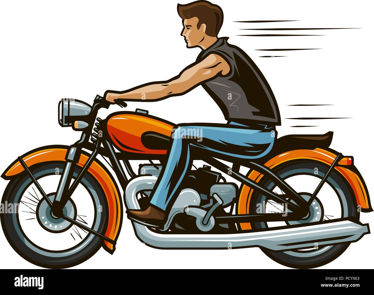 Biker cabalga una motocicleta. Moto, concepto del transporte. Ilustración  vectorial de dibujos animados Imagen Vector de stock - Alamy