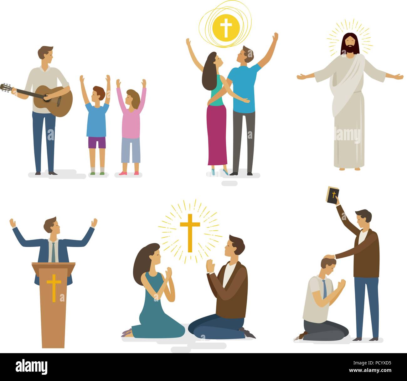 La adoración, la oración, la fe, el conjunto de iconos. Concepto de religión. Ilustración vectorial Ilustración del Vector