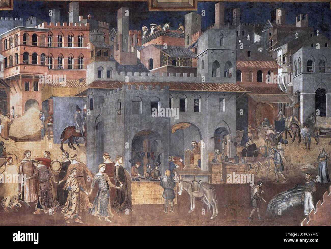 Ambrogio Lorenzetti - Efectos del buen gobierno en la vida de la ciudad (detalle): Foto de stock