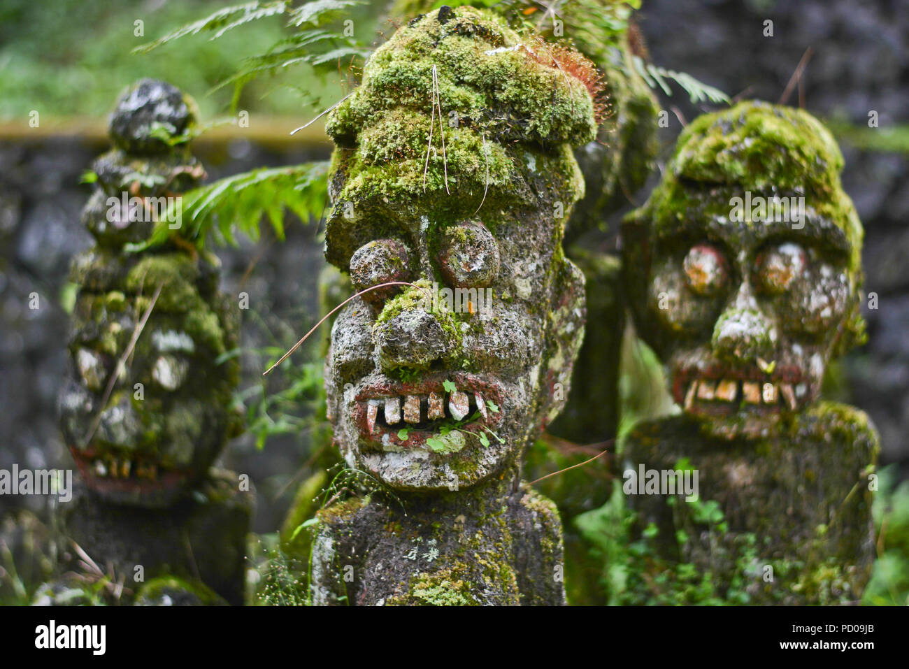 Máscara de color verde clouse-up del ídolo de la antigua religión de Bali con blanco ojos protruyentes en un stand en el templo Foto de stock
