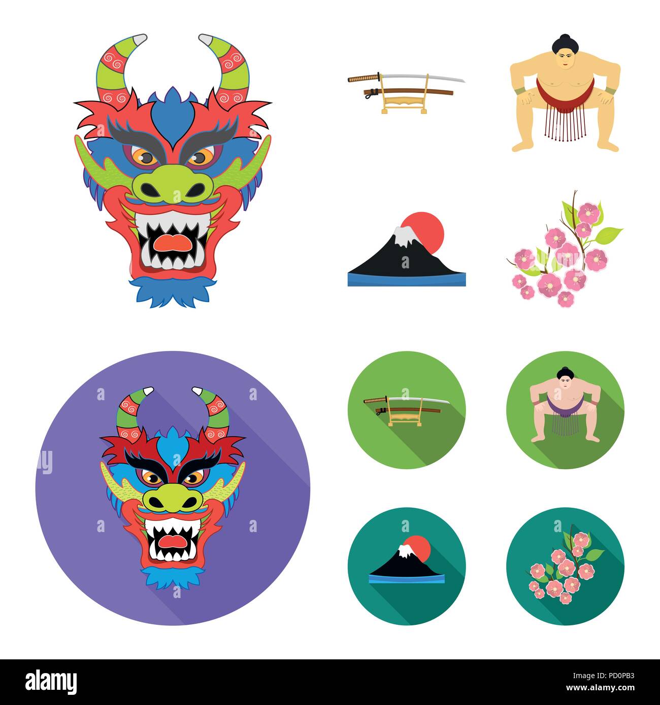 Máscara de dragón, katano, un hombre es un jugador de sumo, una montaña