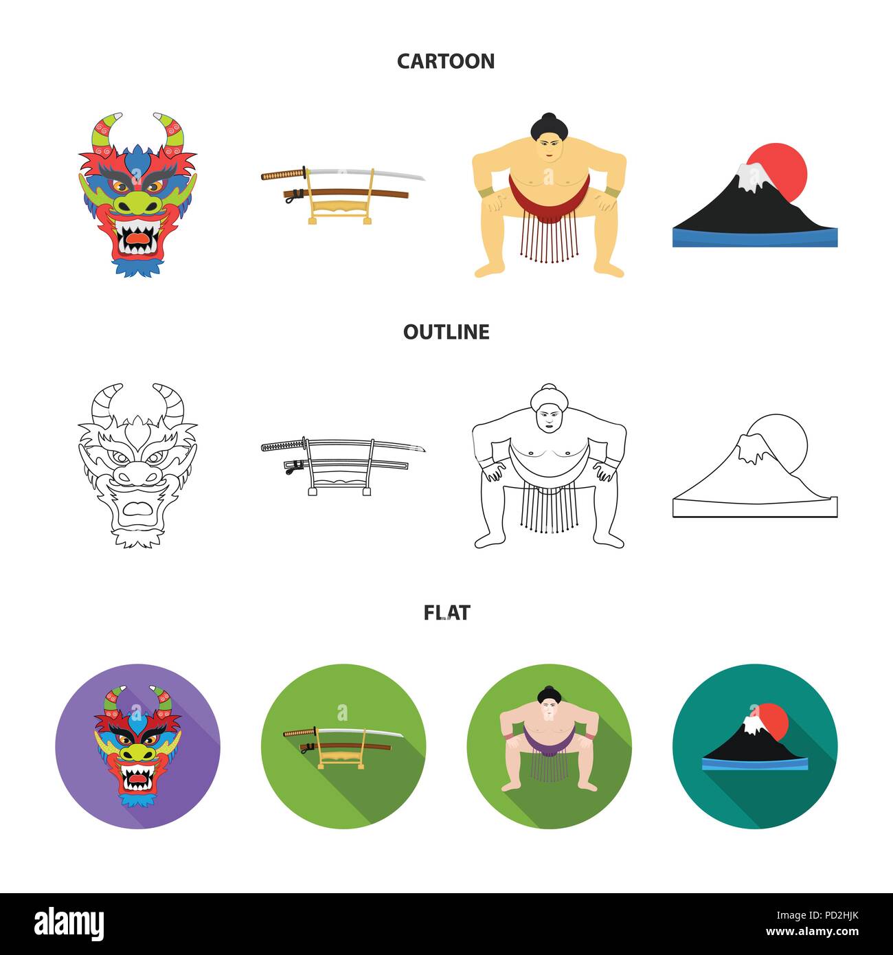 Máscara de dragón, katano, un hombre es un jugador de sumo, una montaña