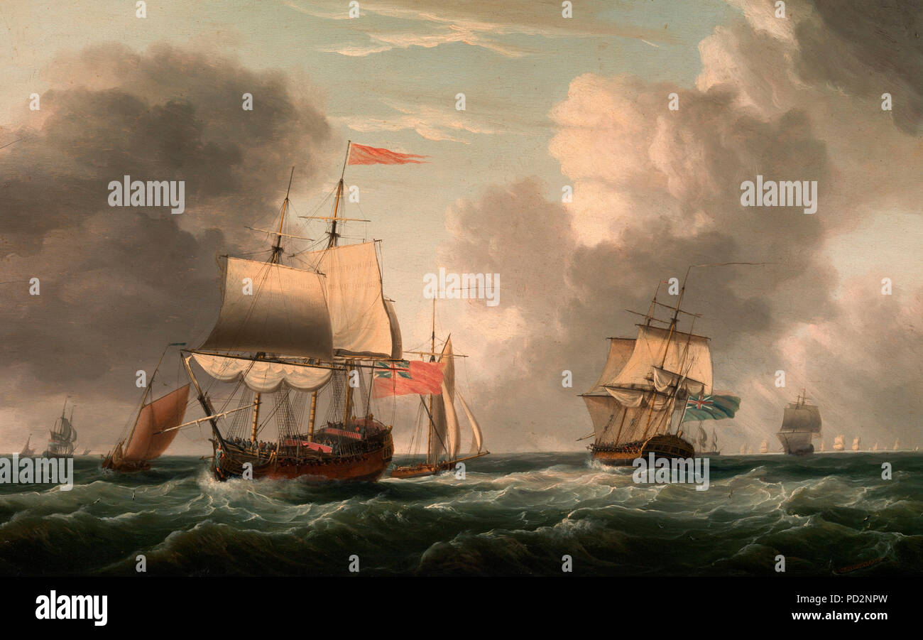 Un Inglés Two-Decker mintiendo Hove, con otros buques y embarcaciones en una fresca brisa - Dominic Serres, 1770 Foto de stock