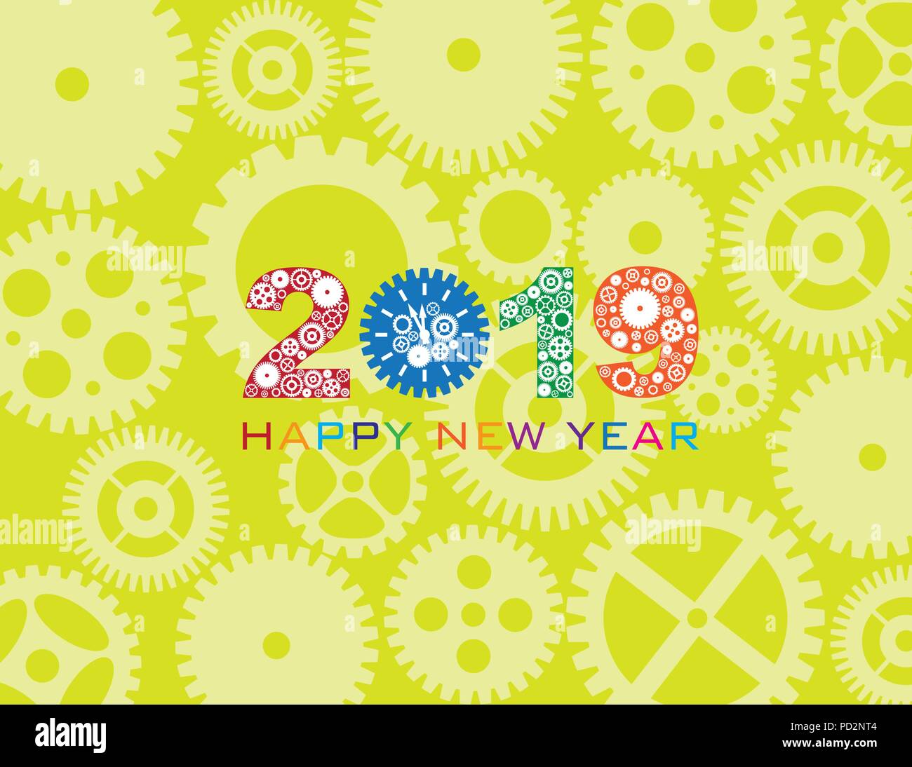 Feliz Año Nuevo 2019 con engranajes mecánicos y Reloj Patrón ilustración de fondo verde Ilustración del Vector