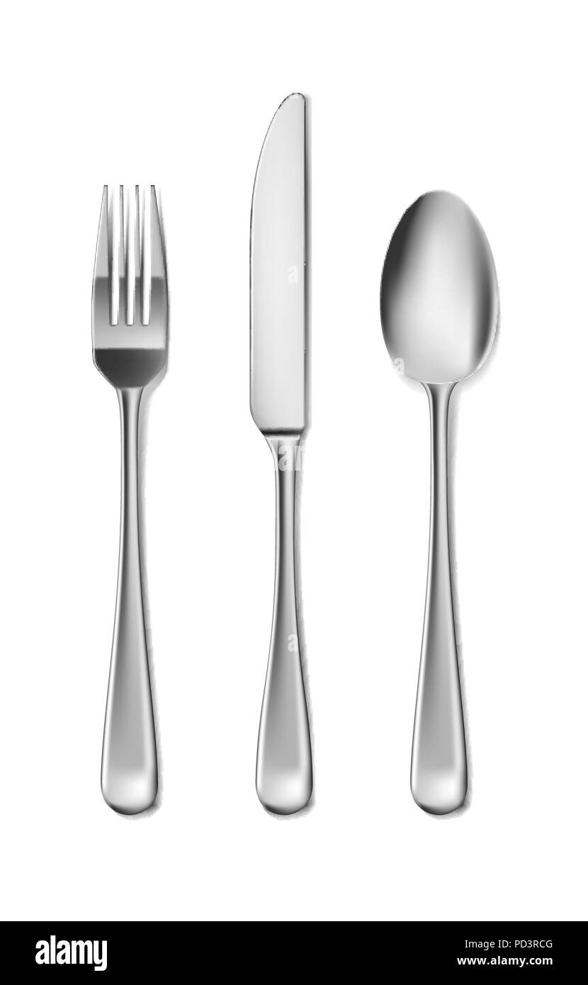 Cubertería de acero, cuchillo, tenedor y cuchara en estilo realista. Tenedor y cuchillo spoonset diseño aislado en blanco. Ilustración vectorial Ilustración del Vector