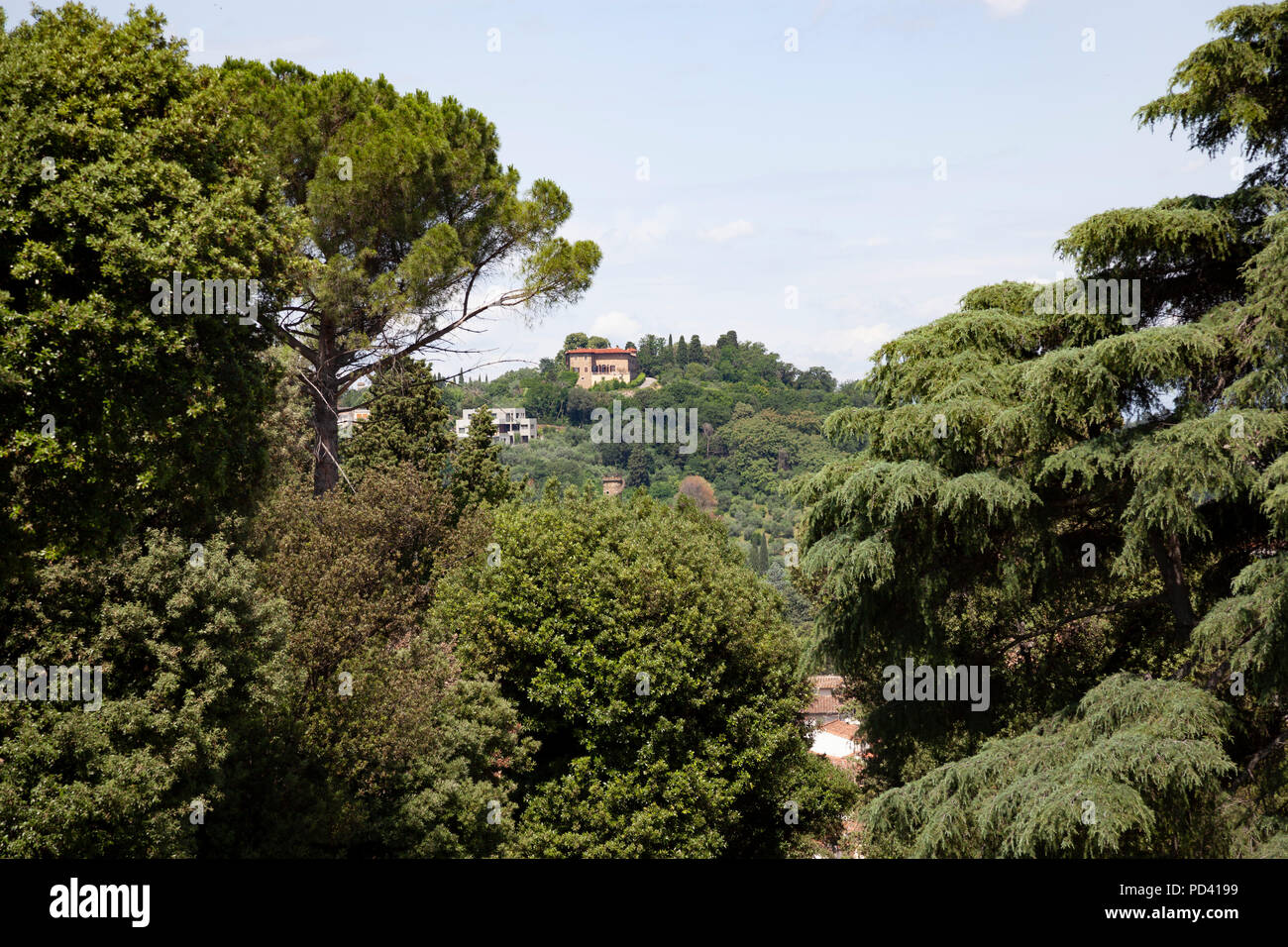 Un chalet situado en una zona verde el asentamiento en la cima de una colina, visto desde los jardines de Boboli en Florencia (Toscana, Italia). Foto de stock