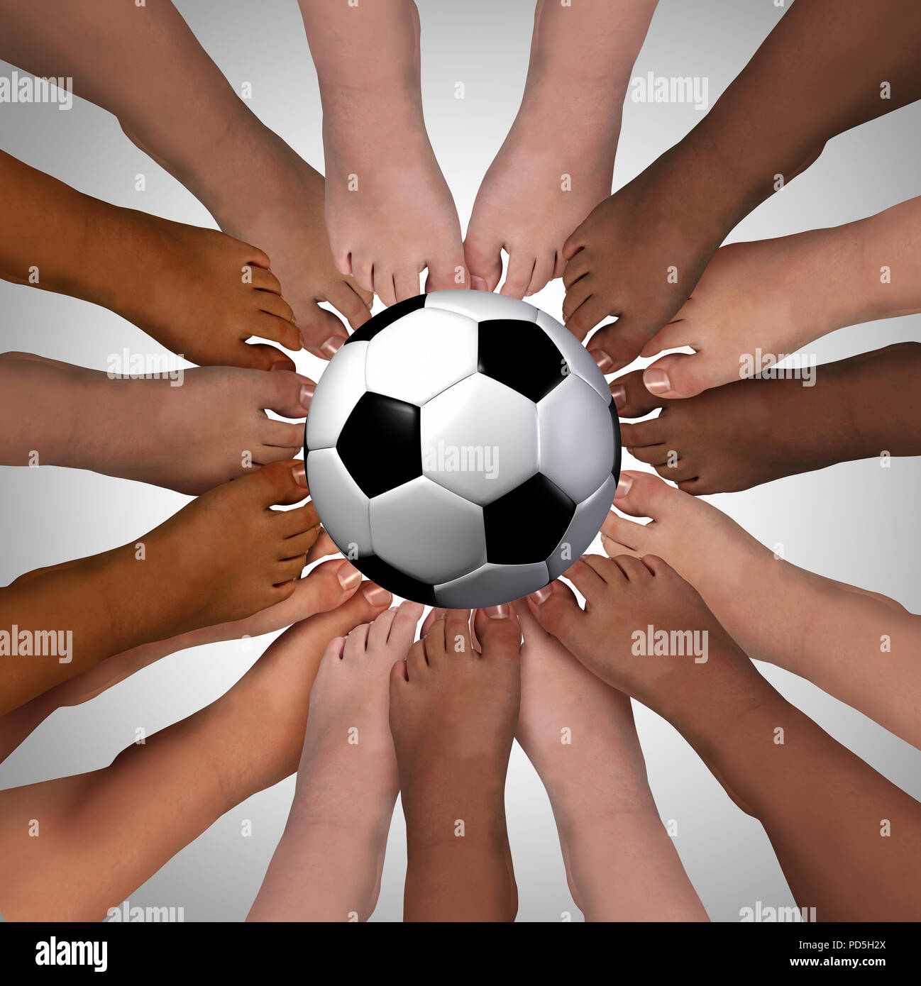 La diversidad deporte amistad juntos jugando una actividad en equipo con 3D Render elementos. Foto de stock
