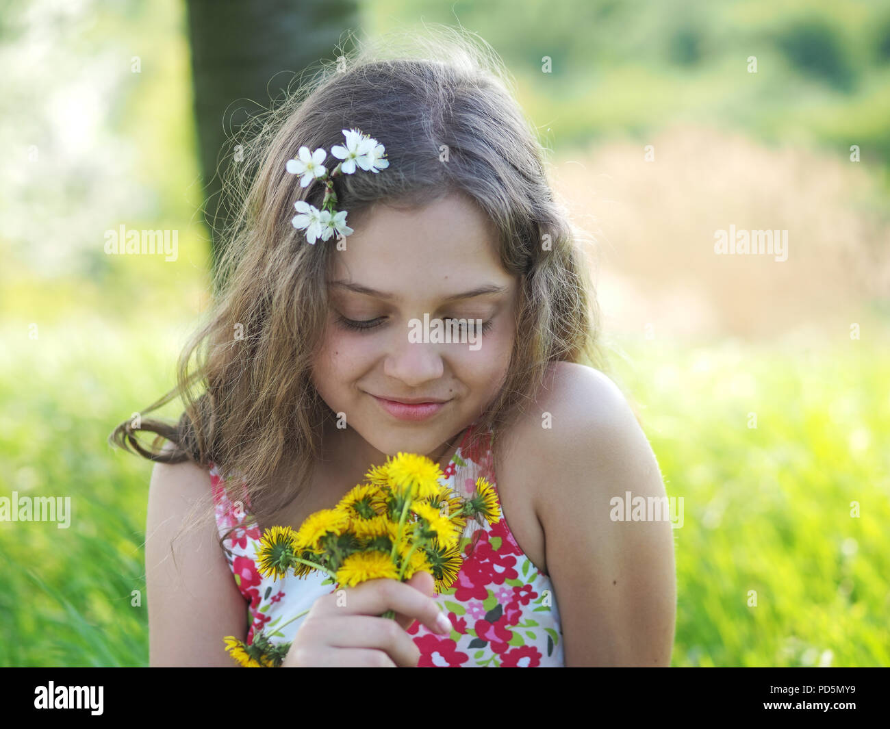 Piscina niña con bouquet de diente de león Foto de stock