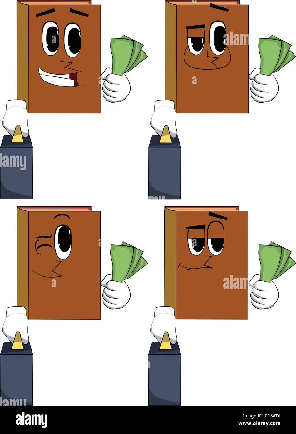 Libros boss maleta o bolsa, explotación o mostrando dinero de facturas. Colección de libros de dibujos con caras felices. Vector de expresiones Imagen Vector de stock - Alamy