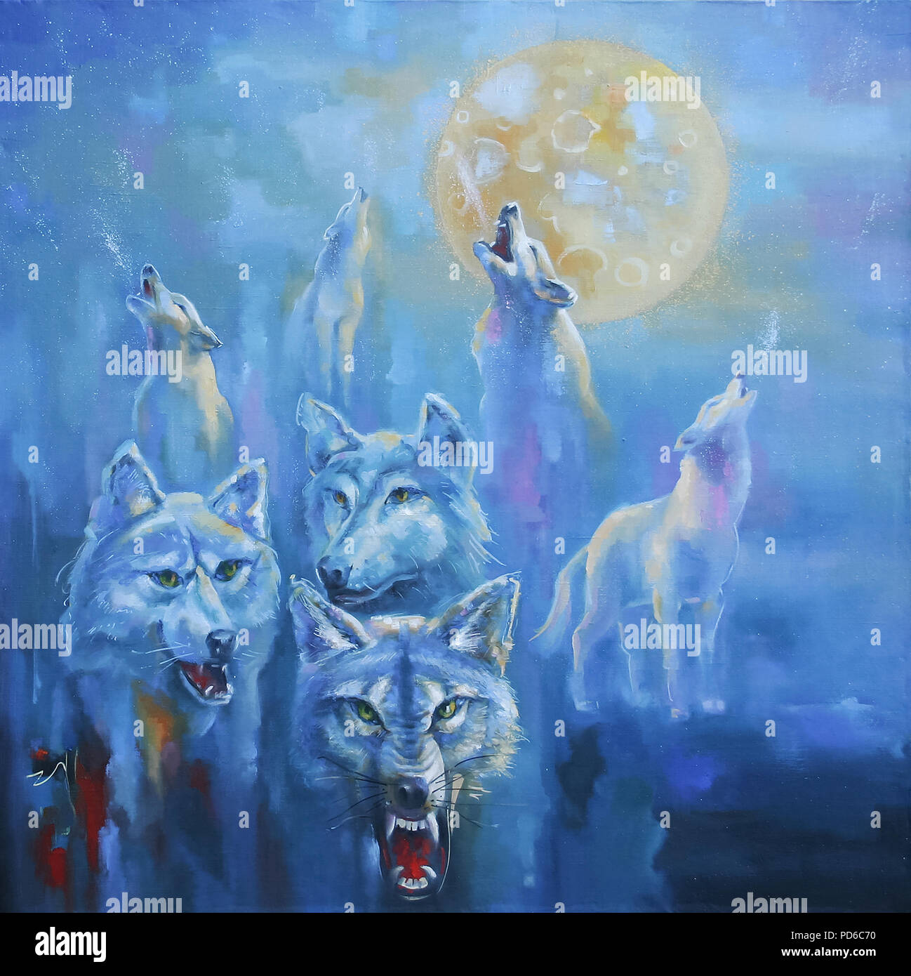 Una manada de lobos en la fría noche de invierno aullido a la luna.  Pintoresca imagen: Óleo sobre lienzo. Autor: Nikolay Sivenkov Fotografía de  stock - Alamy