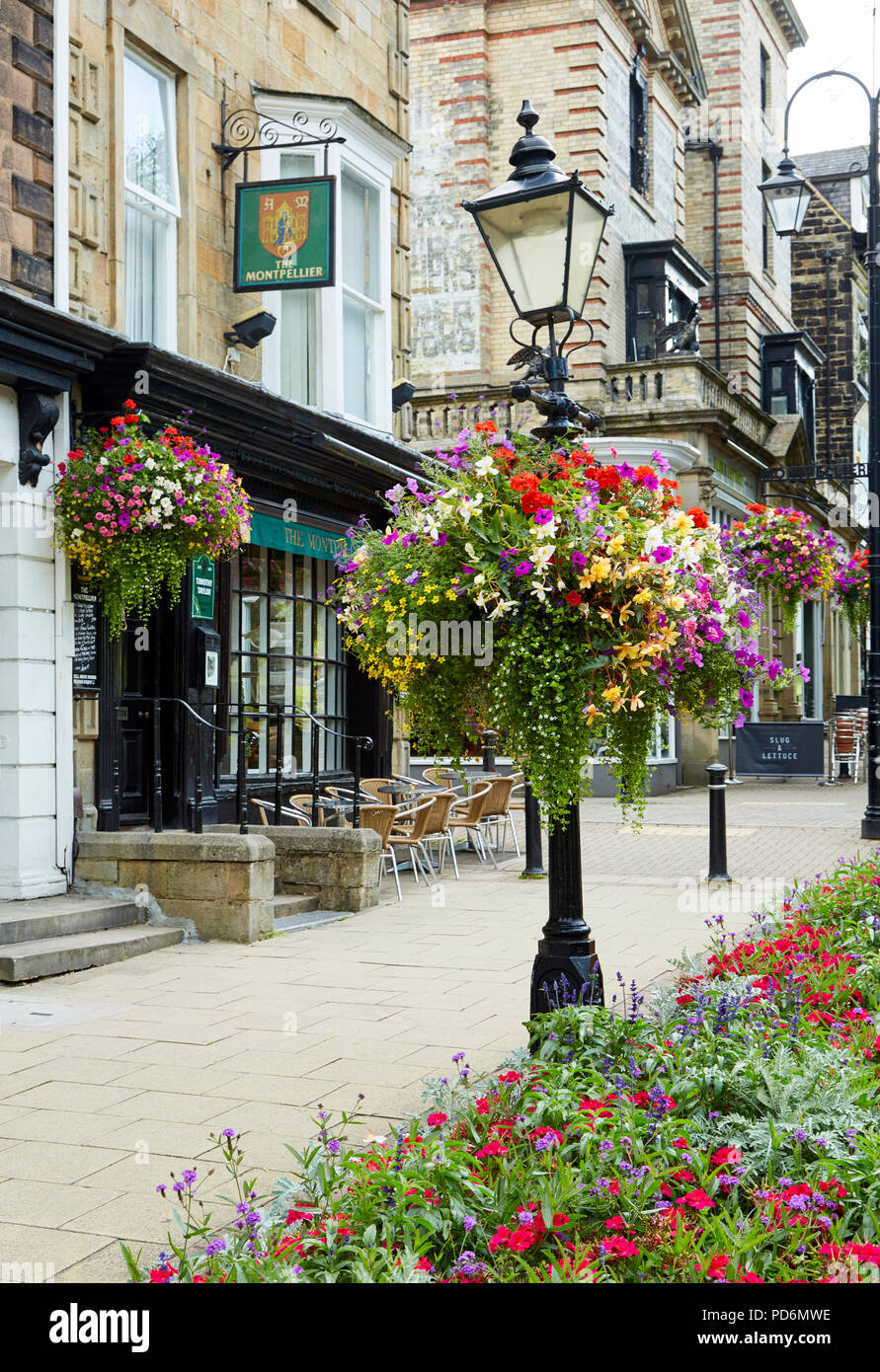 Montpellier Trimestre, Harrogate con farolas de hierro fundido y cestas colgantes florales encantadora en un ambiente elegante y cosmopolita, el área de compras. Foto de stock