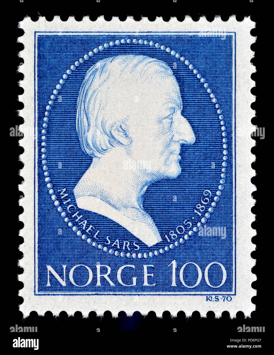 Sellos de Noruega (1970) : Michael Sars (1805 - 1869), teólogo y biólogo noruego. El Registro mundial de especies marinas (gusanos) enumera 260 Foto de stock