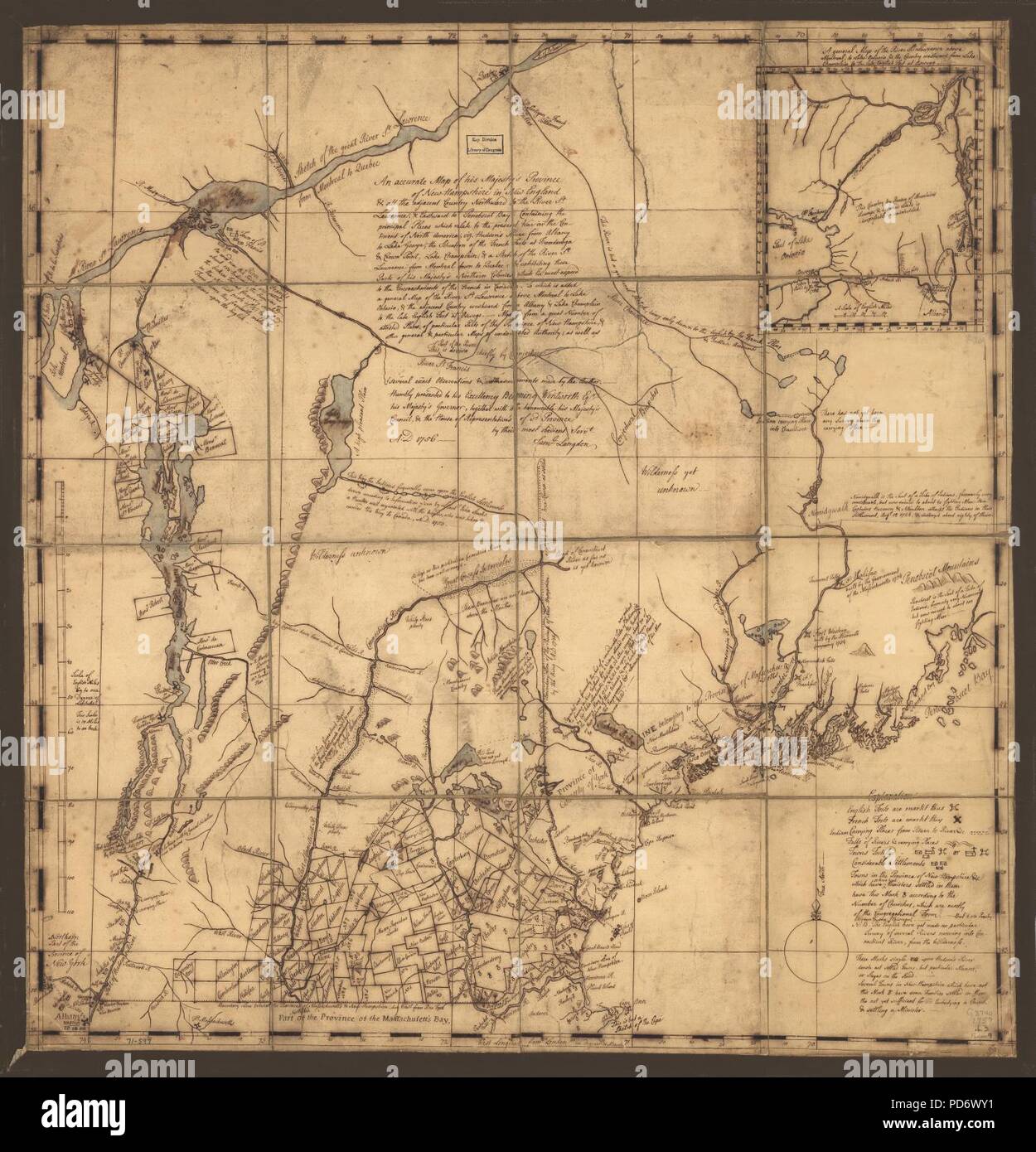 Un mapa exacto de Su Majestad la provincia de New-Hampshire en Nueva Inglaterra y todo el país adyacente al norte del río San Lorenzo, y hacia el este a Penobscot Bay, que contiene los principales lugares Foto de stock