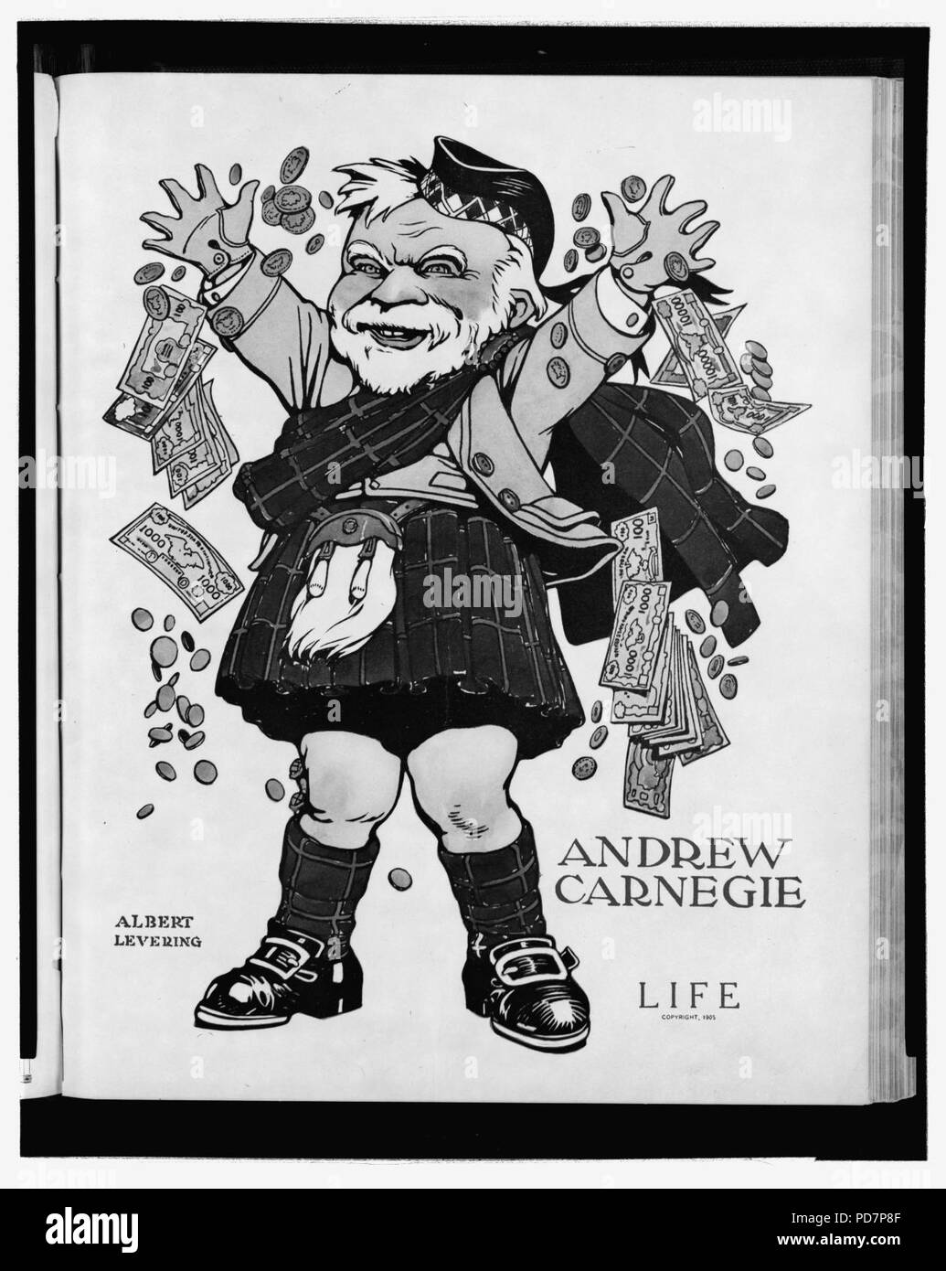 Andrew Carnegie, 1835-1919, pleno, de pie, vistiendo falda, tirar el dinero en el aire Foto de stock