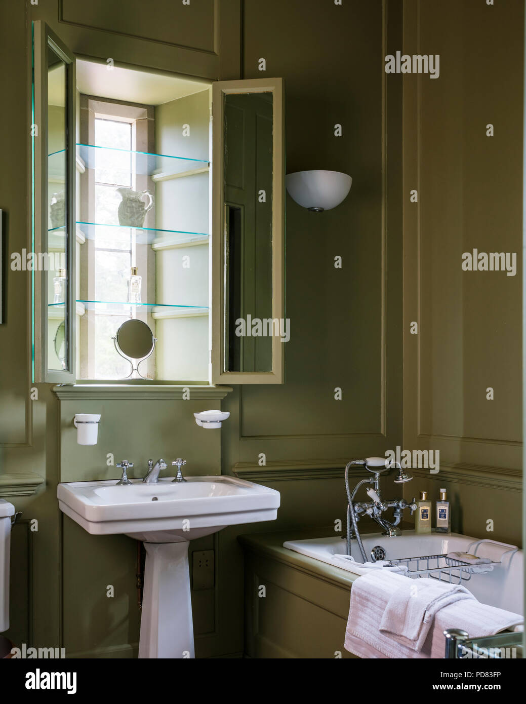 Cuarto de baño con paneles de color verde oliva con estanterías de cristal en la ventana alcove Foto de stock