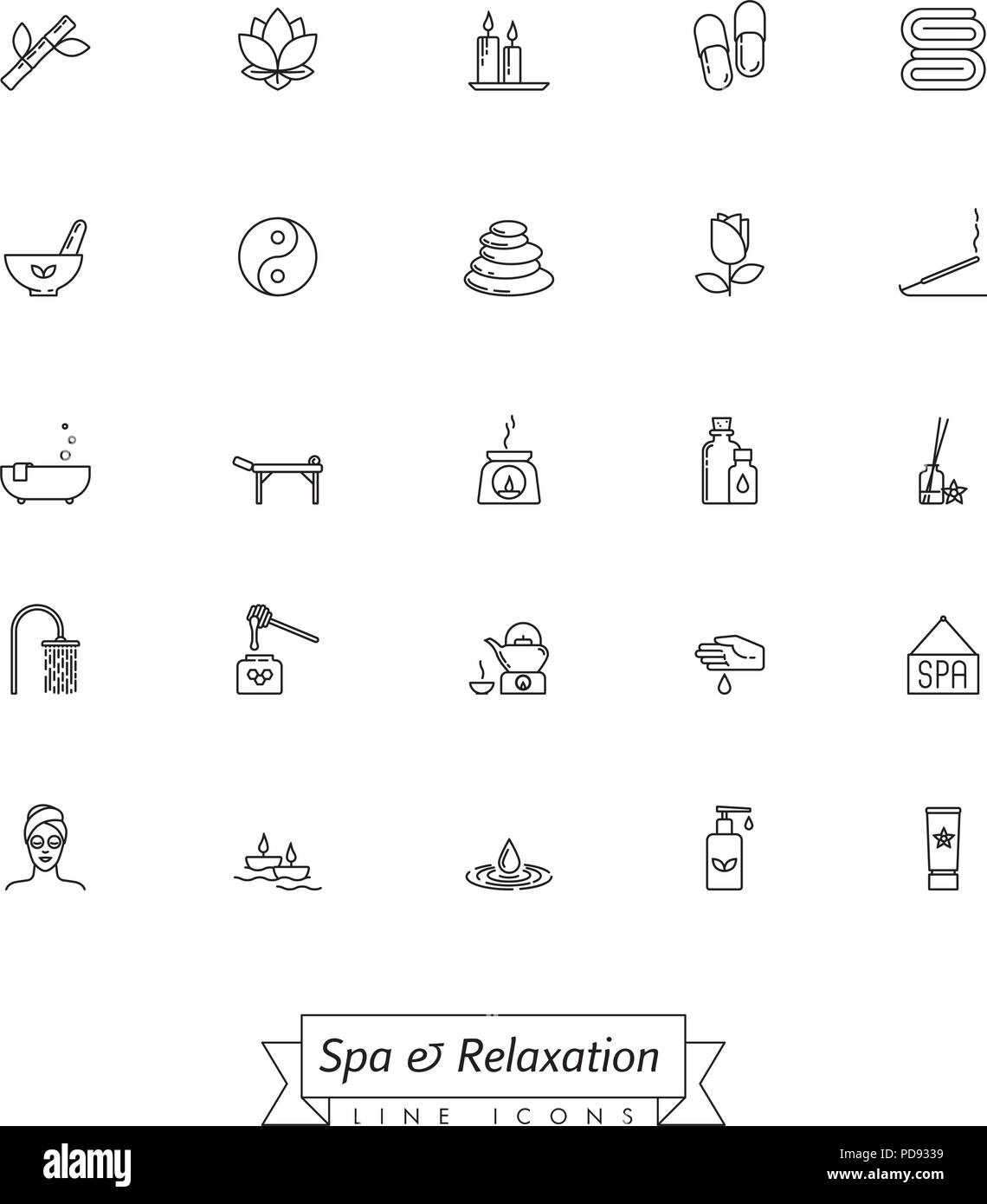 Spa, aromaterapia y medicina herbaria vector icono línea de colección. Conjunto de 25 símbolos. Ilustración del Vector