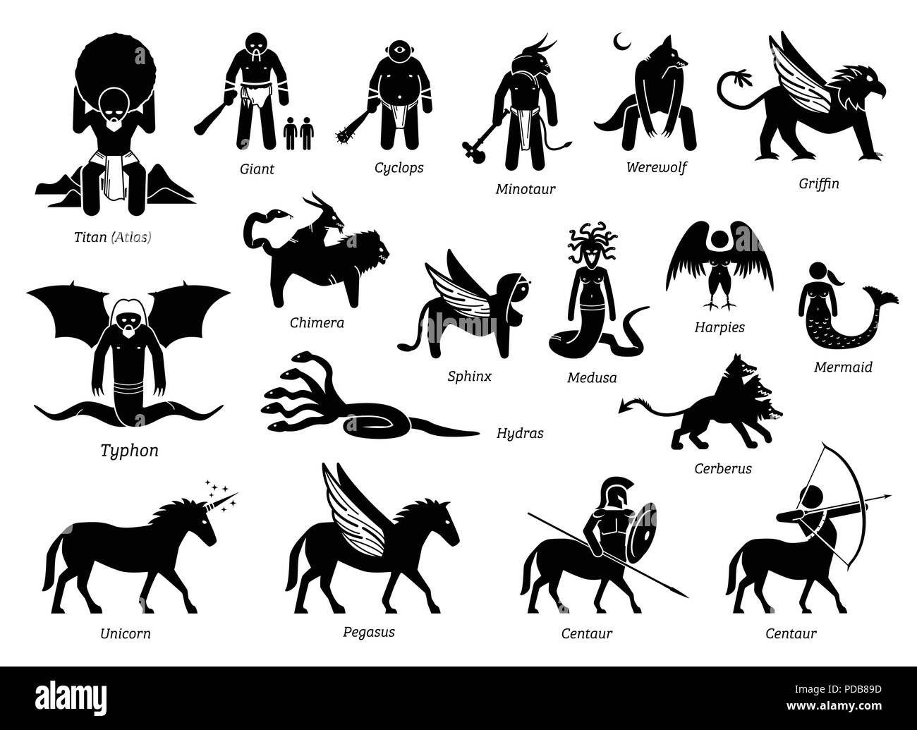 La antigua mitología griega Monstruos y criaturas caracteres conjunto de iconos Ilustración del Vector