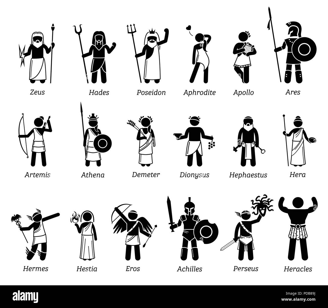 La antigua mitología griega dioses y diosas caracteres conjunto de iconos Ilustración del Vector