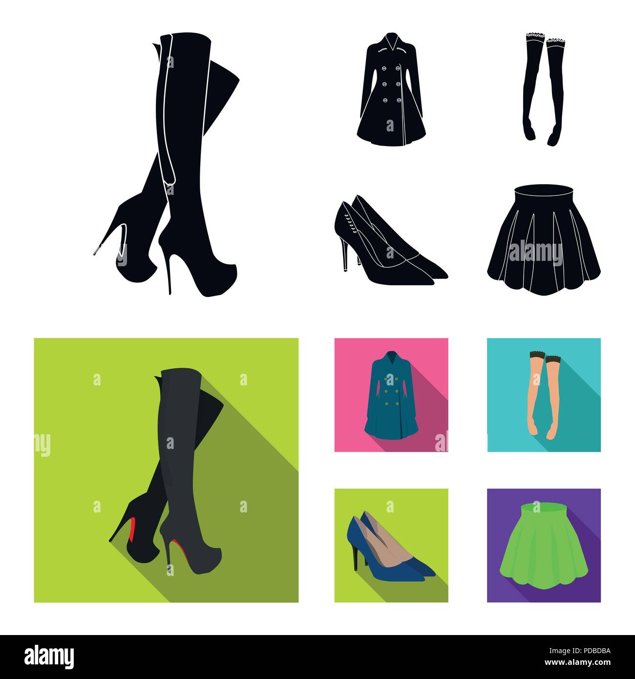 Las mujeres botas altas, abrigos en botones, medias con una banda de caucho  con un patrón, los zapatos de tacón alto. La mujer ropa de colección de  iconos en blanco y negro,