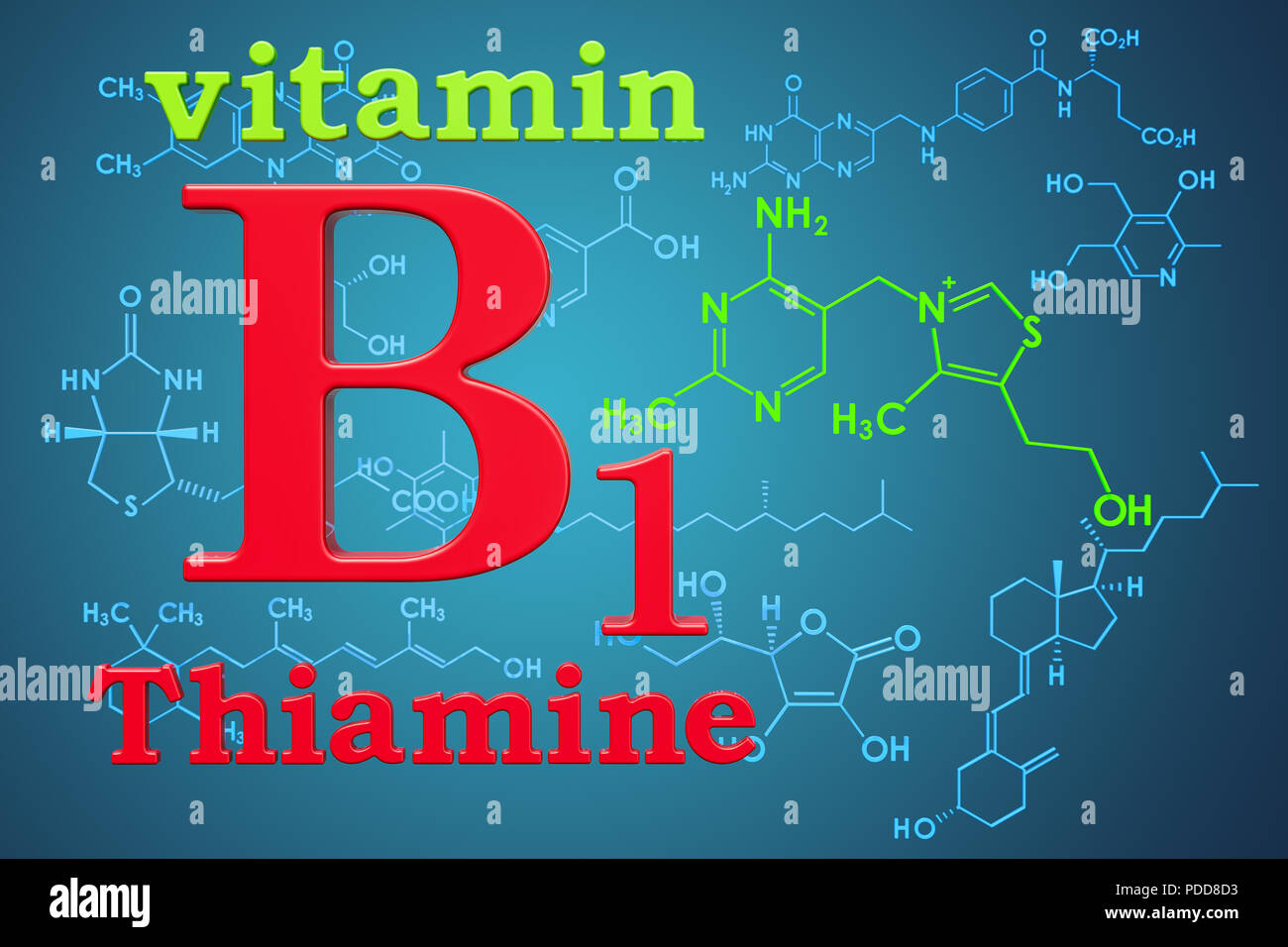 La vitamina B1, tiamina. Fórmula química, estructura molecular. 3D