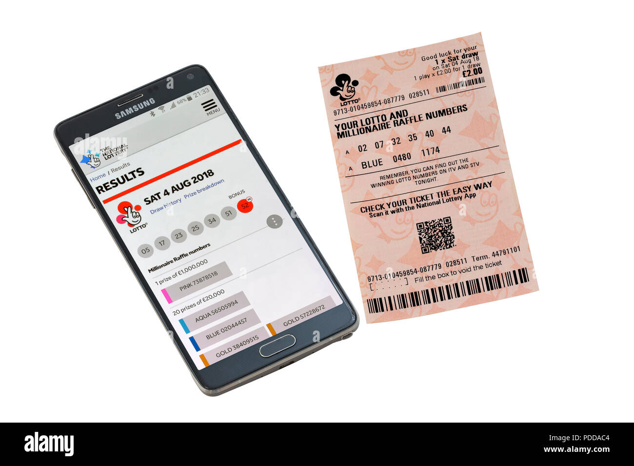 Smart Phone y billete de lotería aislado sobre un fondo blanco, la comprobación de los resultados Foto de stock