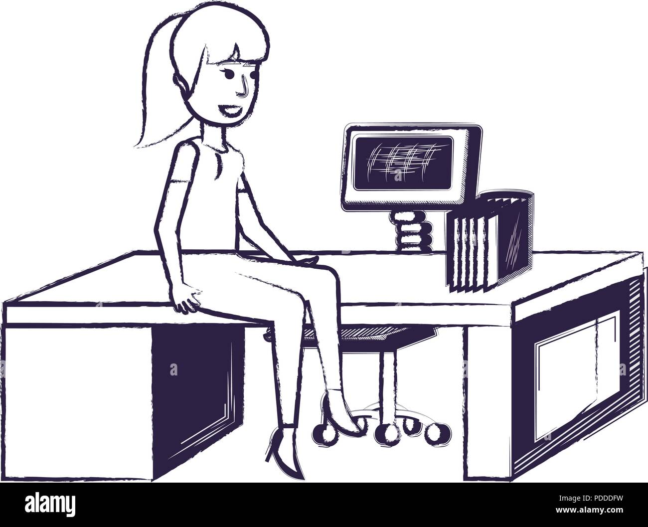 Cartoon Empresaria Sentado En El Escritorio De La Oficina Sobre Fondo Blanco Ilustraci N