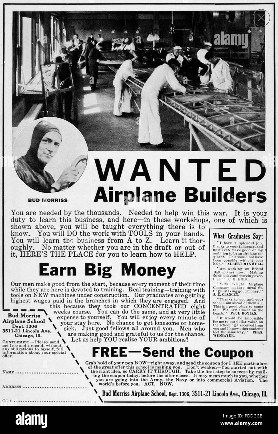 Avión americano de constructores 1918 anuncio la contratación de trabajadores para la creciente industria de la aviación Foto de stock