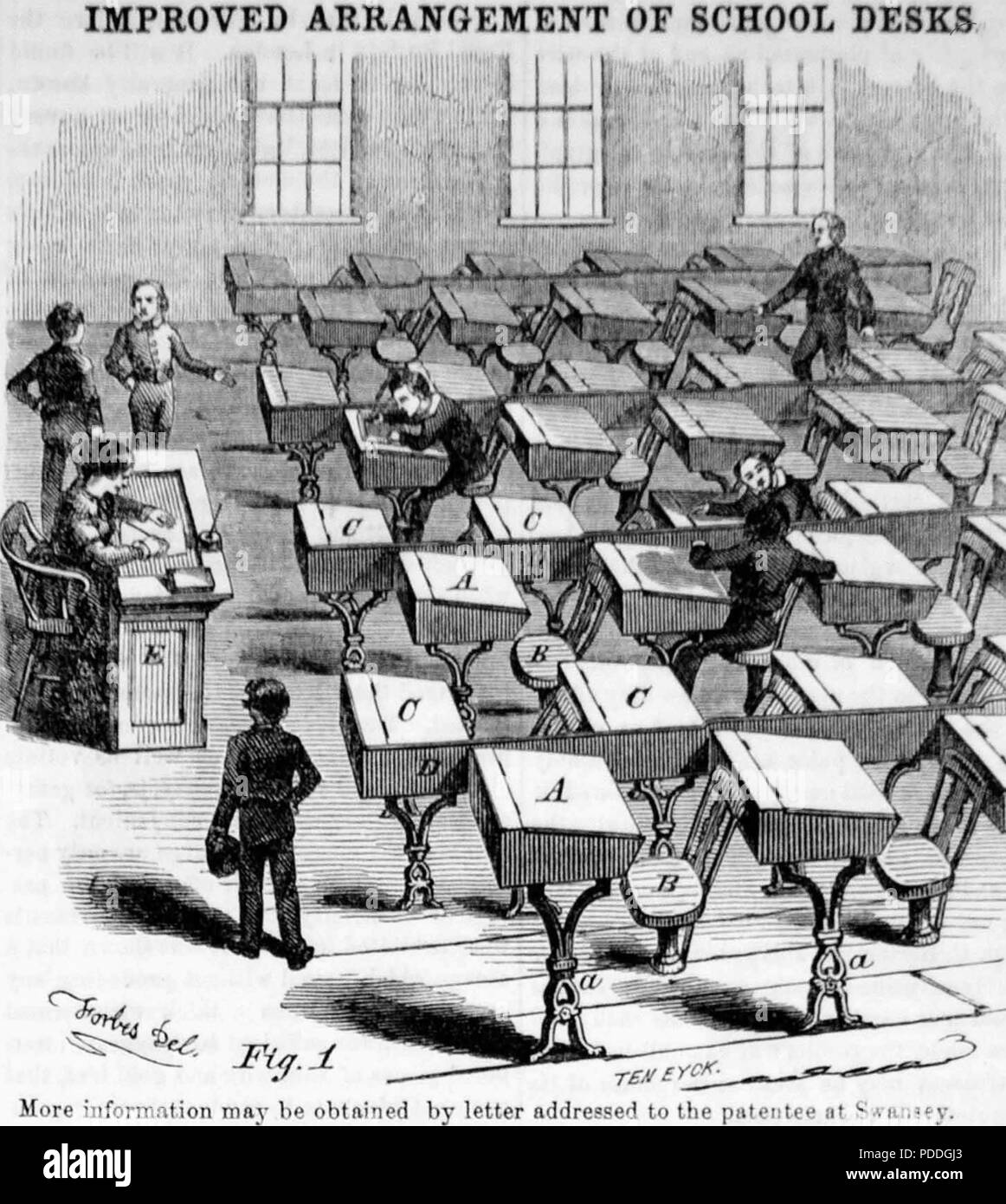 WOODCOCK ESCUELA Patentado un sistema norteamericano de asientos diseñado por Virgilio becada en 1855 Foto de stock