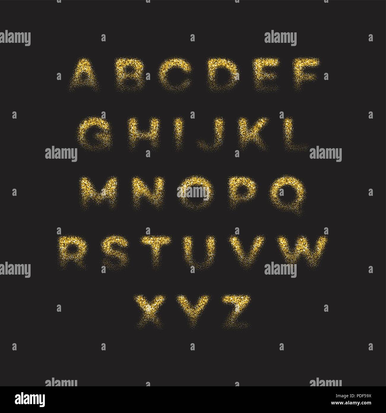 Lentejuelas de oro alfabeto conjunto de fuentes. Ilustración vectorial Ilustración del Vector