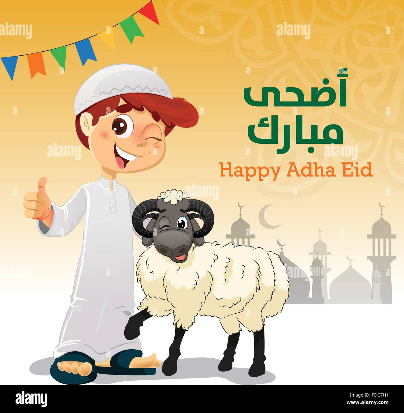 Thumbs Up joven muchacho musulmán de Eid Al-Adha Ovejas Ilustración del Vector
