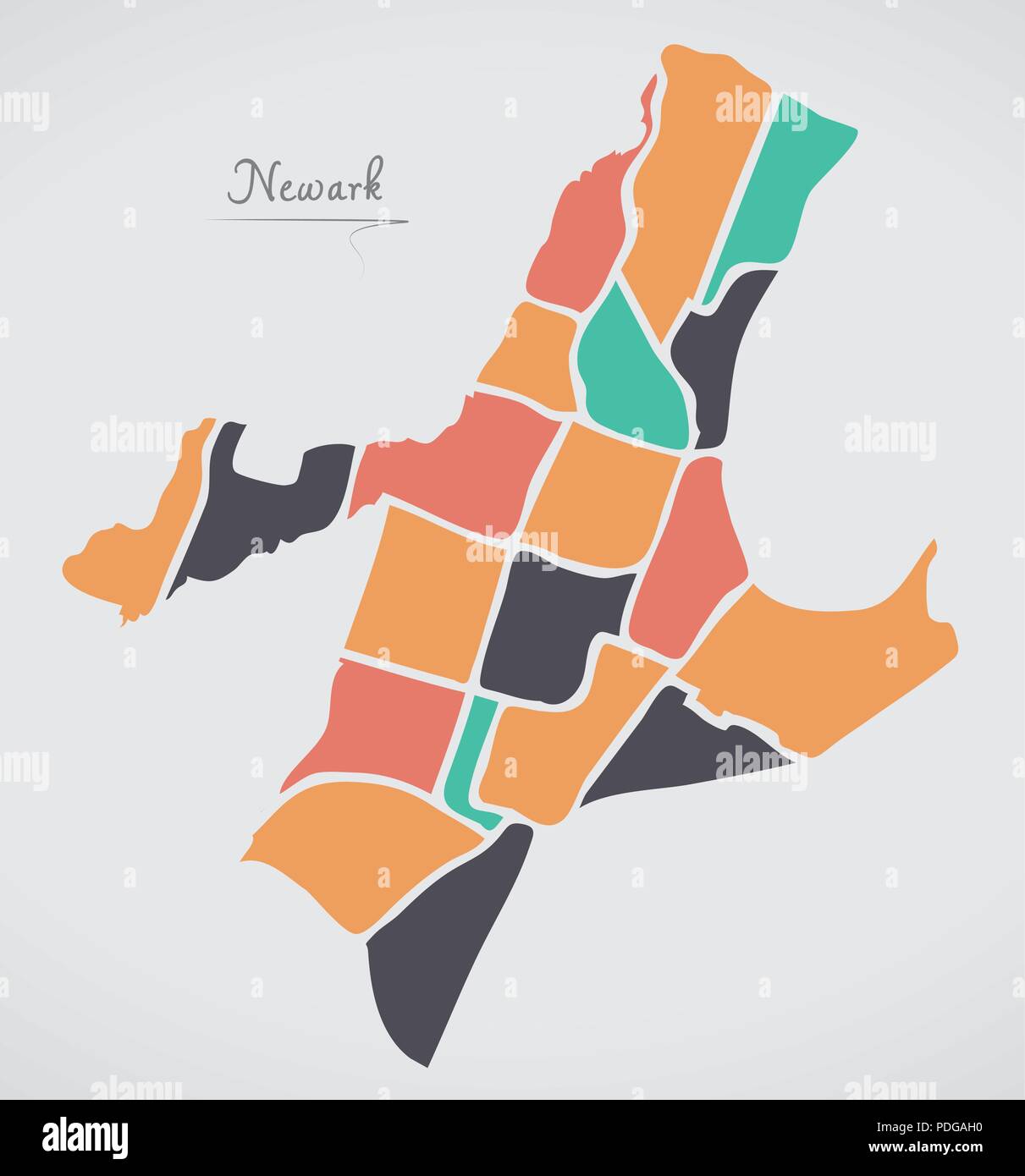 Newark Nueva Jersey mapa con los barrios y modernas formas redondas Ilustración del Vector