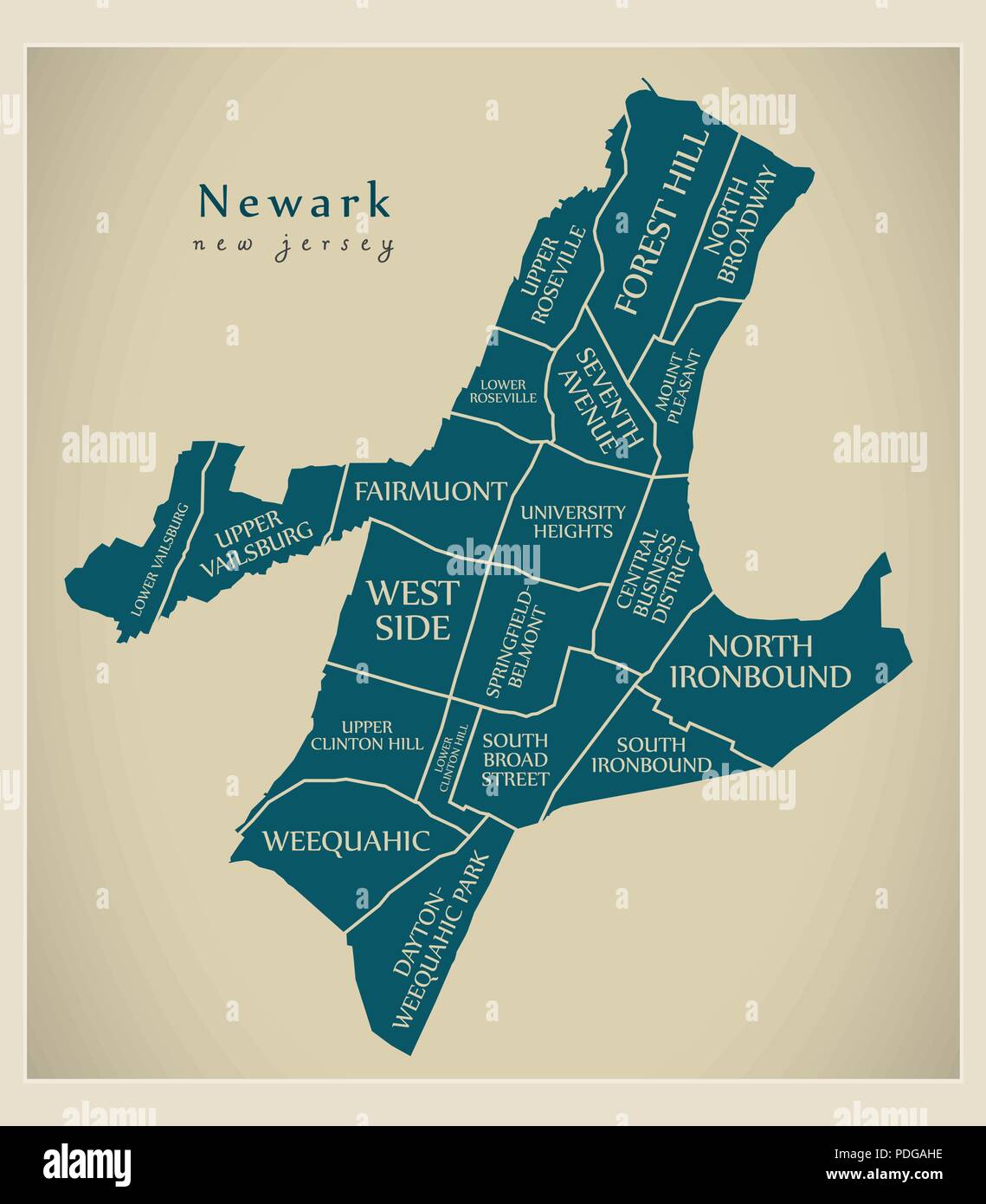 Mapa de la ciudad moderna - Newark Nueva Jersey Ciudad de EE.UU. con los  barrios y títulos Imagen Vector de stock - Alamy