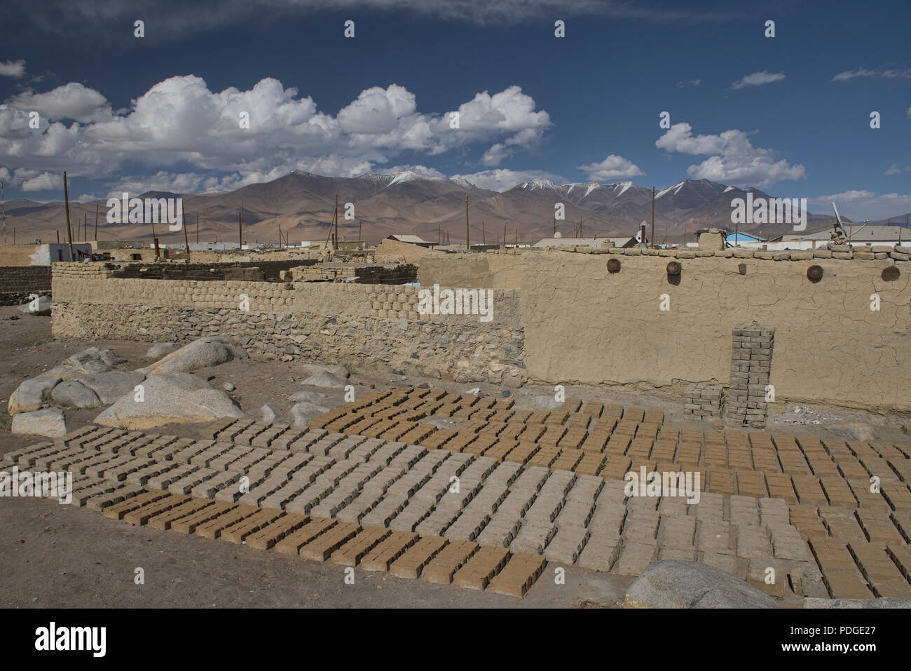 El secado de ladrillos de barro para viviendas de adobe en la aldea de Karakul, Tayikistán Foto de stock