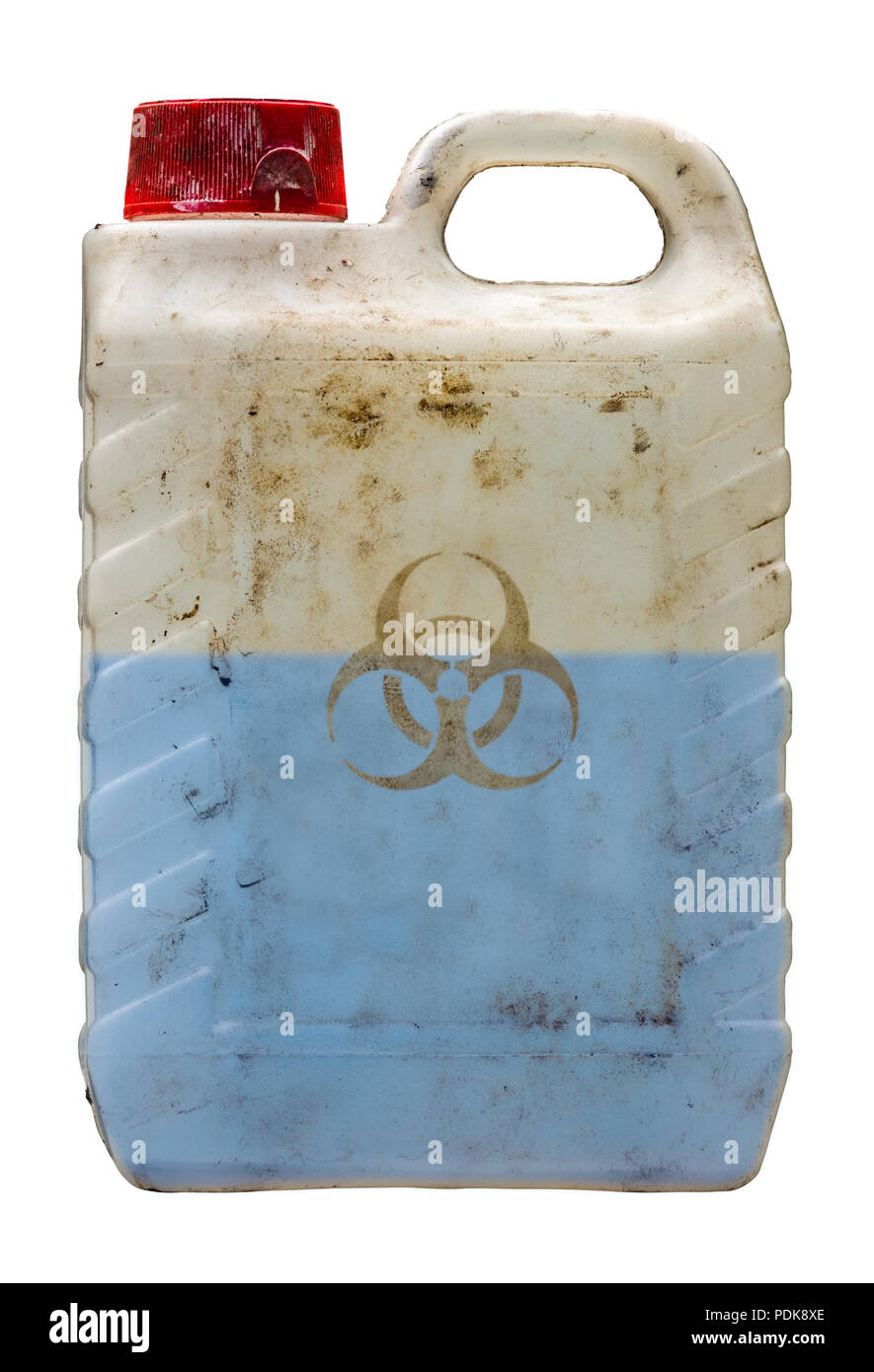 Contenedor de plástico sucio aislados sosteniendo un azul Biohazard Desechos líquidos tóxicos Foto de stock